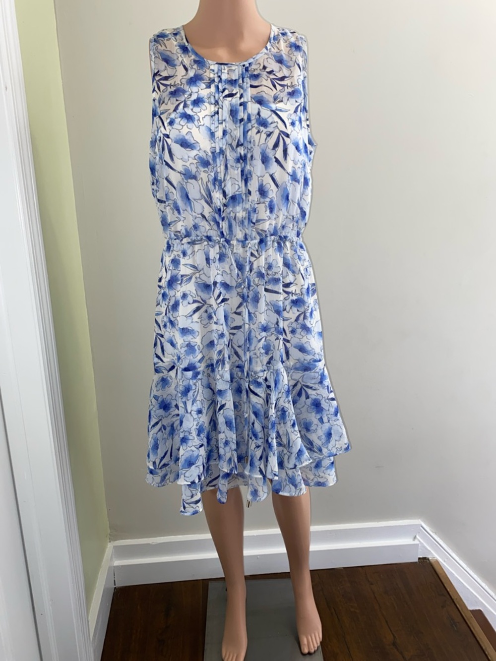 Blue and White Floral Sleeveless Summer Dress